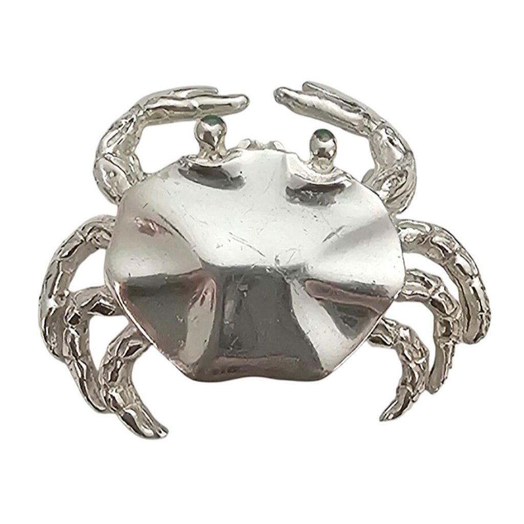 Sterling Silver Crab Brooch Green Eye Pin J333